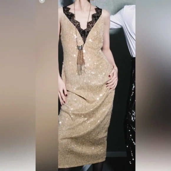 Zara Sequined Gold and Black Lace Dress NWT - Picture 5 of 9